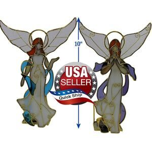 2pc Stained Glass Angel Candle Holders • USA • Blue White Red & Purple White Red
